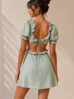 M.N.I Los Angeles Sage Green Polka Dot Linen Blend Mini Dress Puff Sleeve M